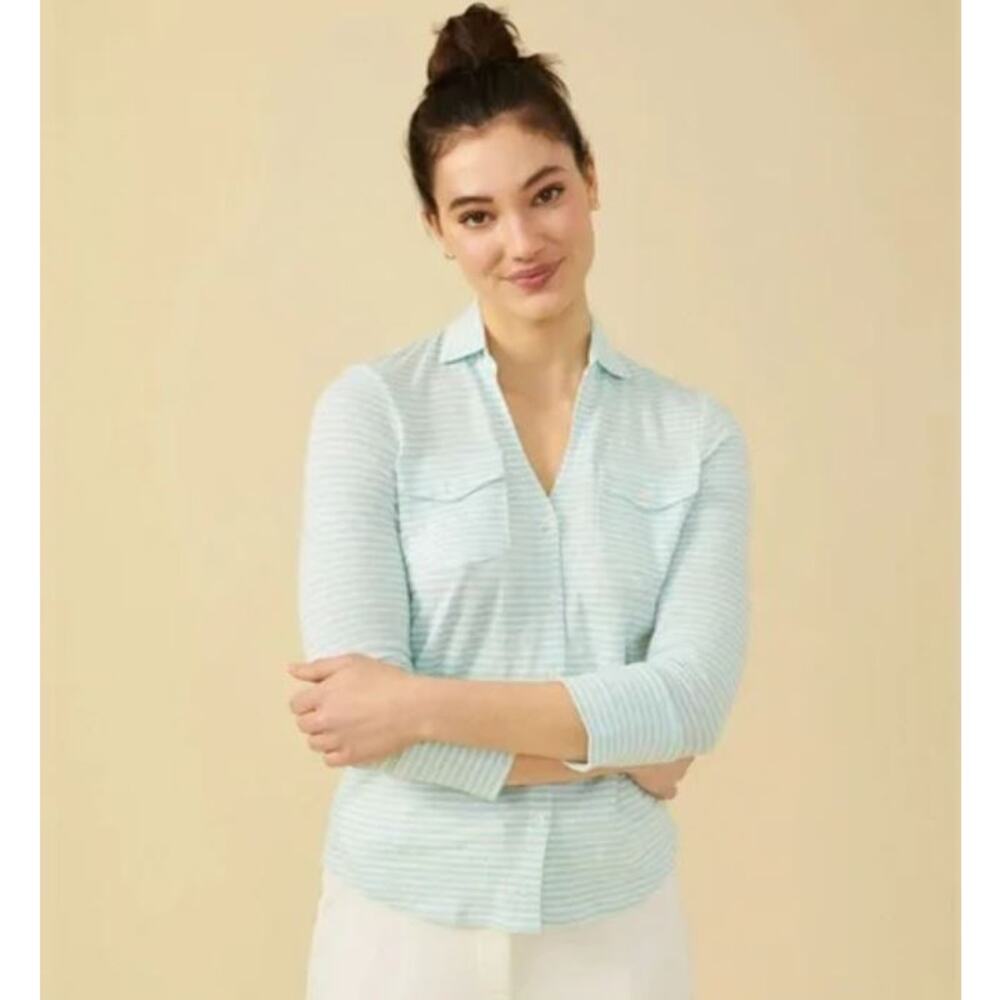J. McLaughlin Brynn Stripe Linen Long Sleeve Jersey Top Button Shirt Aqua Mint S